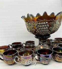 Northwood Grape & Cable Carnival Glass Glass Punch Bowl / Base / 15 Cups WOW