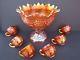 Northwood Grape & Cable Marigold Carnival Glass Punch Bowl, Base, & 6 Punch Cups