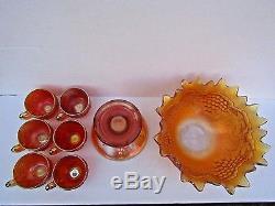 Northwood Grape & Cable Marigold Carnival Glass Punch Bowl, Base, & 6 Punch Cups