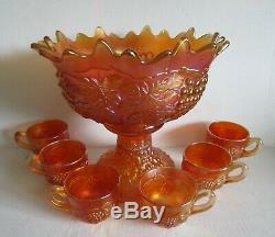 Northwood Grape & Cable Marigold Carnival Glass Punch Bowl & Cups Set