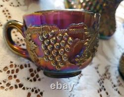 Northwood Grape and Cable Amethyst Punch bowl set Carnival Glass with6 cups Nice