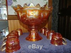 Northwood Marigold Carnival Glass Peacock at the Fountain Punch Bowl and 8 Cups