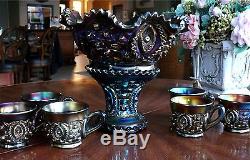 Northwood Memphis Carnival Glass Punch Bowl on Stand + 6 Cups