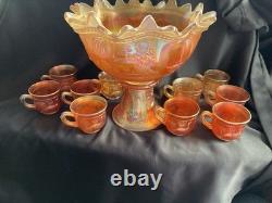 Northwood Peacock At The Fountain Marigold 12Pc Punch Set Stunning And Rare