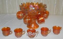 Northwood Peacock at the Fountain Marigold Carnival Glass Punch Bowl 14 Piece