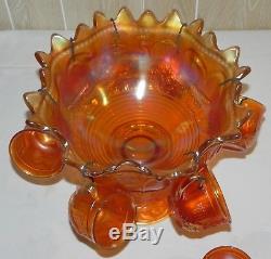 Northwood Peacock at the Fountain Marigold Carnival Glass Punch Bowl 14 Piece
