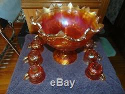 Northwood Peacock at the Fountain Marigold Carnival Glass Punch Bowl Set