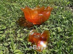 Northwood carnival Glass Peacock at the Fountain Punch Bowl Marigold 5 cups