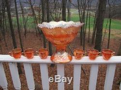 OH MY! FENTON WREATH ROSES Carnival Glass MARIGOLD PUNCH SET BOWL CUPS ANTIQUE