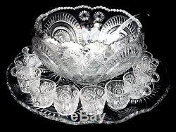 OLD 1908 US Glass Smith Slewed Horseshoe Punch Bowl Cups Underplate Ladle EXCELL