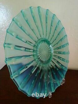 Opalescent Punch Bowl Platter Base Fenton Mosser 15 BIG Blue Green AQUA Ribbed