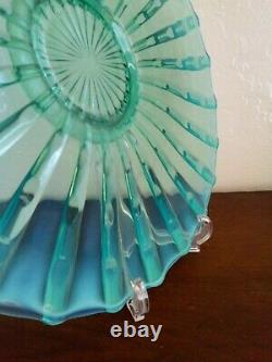 Opalescent Punch Bowl Platter Base Fenton Mosser 15 BIG Blue Green AQUA Ribbed