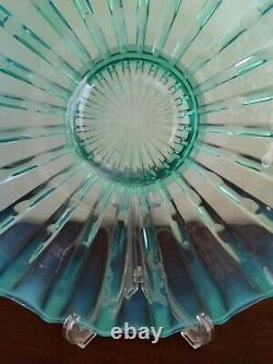 Opalescent Punch Bowl Platter Base Fenton Mosser 15 BIG Blue Green AQUA Ribbed