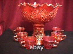 Orange Tree Punch Bowl Set 8 Piece Deep Marigold Carnival Glass By Fenton