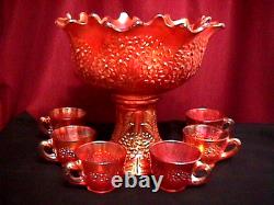 Orange Tree Punch Bowl Set 8 Piece Deep Marigold Carnival Glass By Fenton