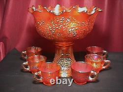 Orange Tree Punch Bowl Set 8 Piece Deep Marigold Carnival Glass By Fenton