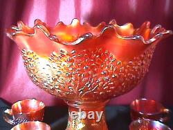 Orange Tree Punch Bowl Set 8 Piece Deep Marigold Carnival Glass By Fenton