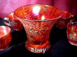 Orange Tree Punch Bowl Set 8 Piece Deep Marigold Carnival Glass By Fenton