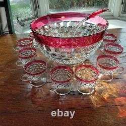 Original Box included! Whitehall Ruby Red Flash Colony 14 piece Punch Bowl