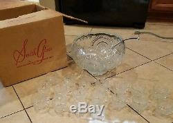 Original L. E. Smith Glass Punch Bowl 18 Cups Ladle Box Rare Lot Vintage Art VTG