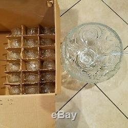 Original L. E. Smith Glass Punch Bowl 18 Cups Ladle Box Rare Lot Vintage Art VTG