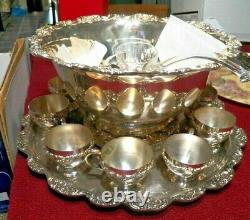 Ornate Silver-plate Punch Bowl w 12 Cups, Glass Ladle & Lg. Tray EPCA by Poole