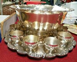 Ornate Silver-plate Punch Bowl w 12 Cups, Glass Ladle & Lg. Tray EPCA by Poole