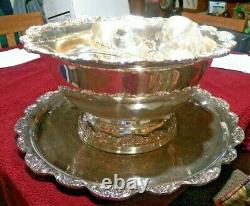 Ornate Silver-plate Punch Bowl w 12 Cups, Glass Ladle & Lg. Tray EPCA by Poole