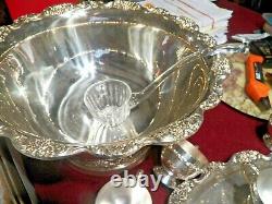 Ornate Silver-plate Punch Bowl w 12 Cups, Glass Ladle & Lg. Tray EPCA by Poole