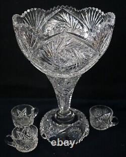 Outstanding Antique Abp Cut Glass 2 Pc Punchbowl/3 Cups Good Cond Free Shipping