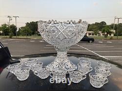 Outstanding EAPG 14 Pedestal Punch bowl Set Complete 14pc Polished Rims A+ Qual