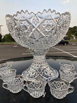 Outstanding EAPG 14 Pedestal Punch bowl Set Complete 14pc Polished Rims A+ Qual