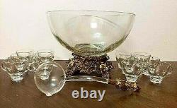 PITMAN-DREITZER 15pc PUNCH BOWL Ornate Gold Tone Stand, Ladle, 12 Cups RARE