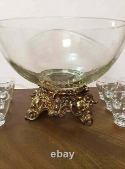 PITMAN-DREITZER 15pc PUNCH BOWL Ornate Gold Tone Stand, Ladle, 12 Cups RARE