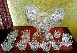 PRICE REDUCED! AZTEC PATTERN MCKEE ETCHED GLASS PUNCH BOWL WithSTAND/12 CUPS