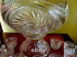 PRICE REDUCED! AZTEC PATTERN MCKEE ETCHED GLASS PUNCH BOWL WithSTAND/12 CUPS