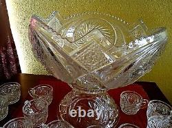 PRICE REDUCED! AZTEC PATTERN MCKEE ETCHED GLASS PUNCH BOWL WithSTAND/12 CUPS