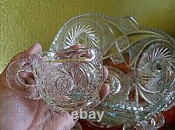 PRICE REDUCED! AZTEC PATTERN MCKEE ETCHED GLASS PUNCH BOWL WithSTAND/12 CUPS