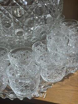 PUNCH BOWL Vintage LE Smith RARE COMPLETE SET Glass DAISY & BUTTON-in Orig. Box