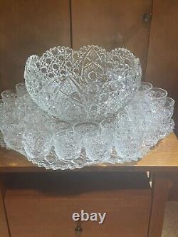 PUNCH BOWL Vintage LE Smith RARE COMPLETE SET Glass DAISY & BUTTON-in Orig. Box