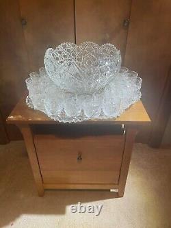 PUNCH BOWL Vintage LE Smith RARE COMPLETE SET Glass DAISY & BUTTON-in Orig. Box