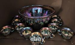 PUNCH BOWL With 12 CUPS -INDIANA GLASS IRIDESCENT BLUE HARVEST CARNIVAL GLASS