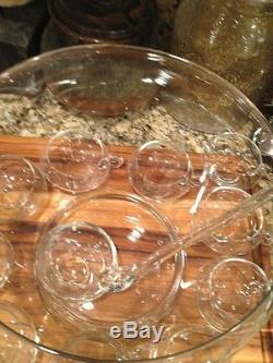 Party Mid-Century MODERN Glass Crystal Punch Bowl Set With 10 Cups! With Ladel