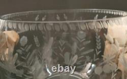 Paul Revere FLOWER CUT Etched Crystal Punch Bowl with 8 Cups And Glass Ladle-NEW