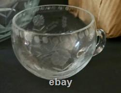 Paul Revere FLOWER CUT Etched Crystal Punch Bowl with 8 Cups And Glass Ladle-NEW