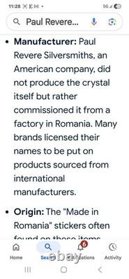 Paul Revere FLOWER CUT Etched Crystal Punch Bowl with 8 Cups And Glass Ladle-NEW