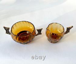 Pentti Sarpaneva Glass Bronze Turun Hopea Punch Bowl Ladle Cups Cream Sugar Set