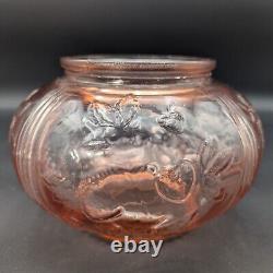 Pink Glass Punch Bowl With LID & 5 Cups Grape Vine And Strawberry Pattern