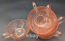 Pink Glass Punch Bowl With LID & 5 Cups Grape Vine And Strawberry Pattern