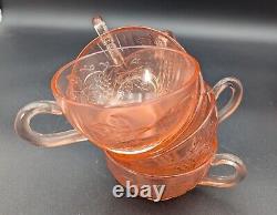 Pink Glass Punch Bowl With LID & 5 Cups Grape Vine And Strawberry Pattern